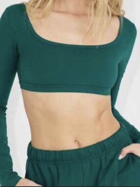 Garage Forest Green Ribbed Long Sleeve Scoop Neck Mini T-Shirt Crop Top S Y2K